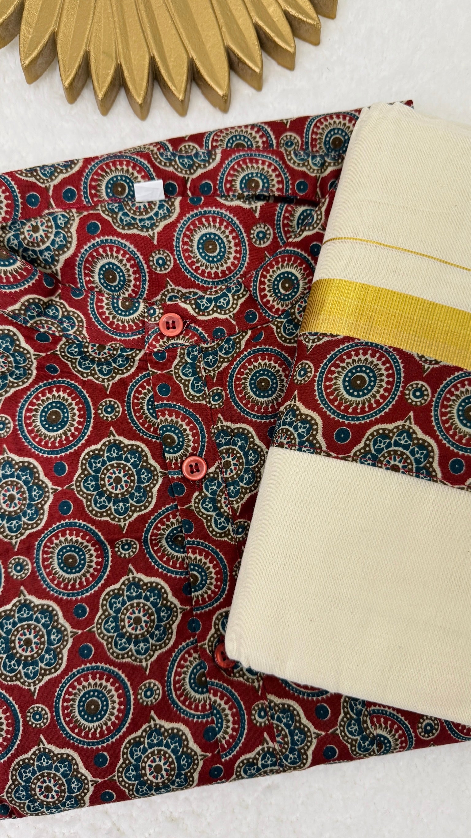 Red Ajrakh Kurta and Mundu